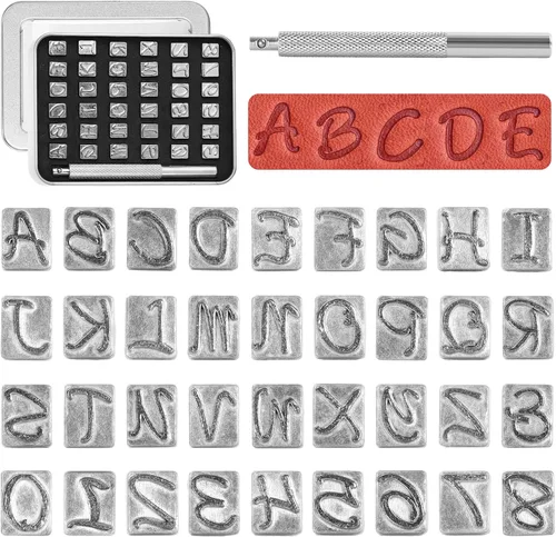 Vista 11 de BESTNULE Kit de estampado de cuero, juego de 37 piezas con 26 letras mayúsculas (0.217 in), 10 números (0.236 pulgadas) y mango de estampado