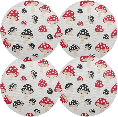 Vista 2 de Stylized Red Black Mushrooms Dinner Table Placemats, Non Slip Placemats Round Washable for Kitchen Table one sizex6
