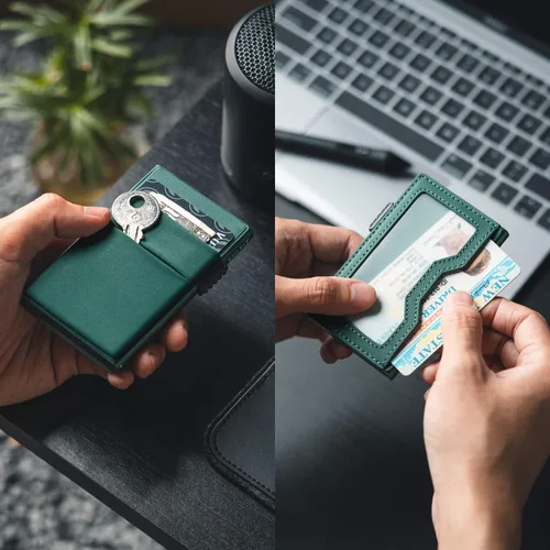 Vista 26 de VULKIT Billetera minimalista con ventana de identificación y bolsillo EDC con bolsillo desplegable para tarjetas de crédito y bloqueo RFID, diseño