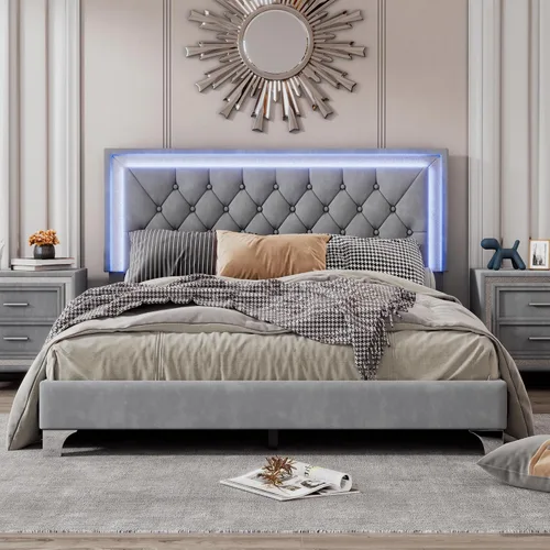 Vista 3 de Linique Base de cama tapizada tamaño Queen con luces LED, cama moderna de plataforma de terciopelo de madera con cabecera capitonada con botones