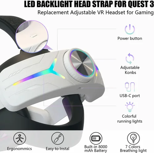 Vista 2 de AZURAOKEY Head Strap Battery Pack for Meta Quest 3, Replacement Elite Strap 8000mAh Enhanced Comfort and Extended Gaming Time with RGB Light for