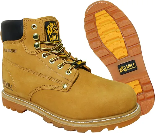 Vista 10 de Wolf Work Boot 100% Genuine Upper Leather Oil Impact Electrical Hazards Non-Slip Rubber Sole Tan Nubuck Plain Toe Padded Collar