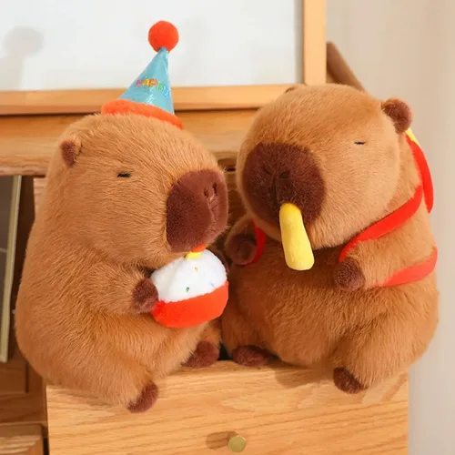 Vista 8 de Peluche de Capibara con Sombrero de Cumpleaños Azul y Lazo de 9 Pulgadas, Lindo Animal de Peluche Suave para Fiestas, Decoración de Fiesta, Juguetes