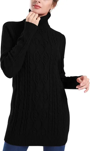 Vista 3 de PrettyGuide - Suéter largo de cuello alto de punto trenzado para mujer