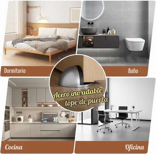 Vista 7 de Tope de puerta de suelo de media cúpula de acero inoxidable autoadhesivo con perforación sin goma, topes de puerta de suelo para dormitorio, sala