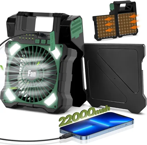 Vista 9 de Ventilador Solar de Camping de 22000mAh, Ventilador Solar Recargable de Doble Panel con Luz LED, 5 Velocidades Ajustables Ventiladores Portátiles