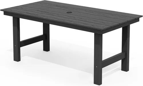 Vista 13 de SERWALL Juego de mesa de comedor de 7 piezas, muebles de comedor de polietileno de alta densidad para exteriores con agujero para paraguas y 6 Negro