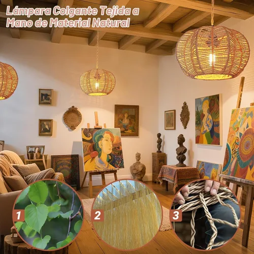 Vista 3 de Luces Colgantes con Cable de Enchufe, Lámpara Colgante de Ratán, Luminarias de Techo Boho, Lámpara Colgante de Estilo Rústico para Sala de Estar