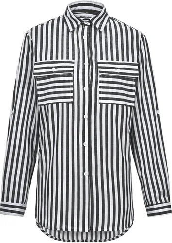 Vista 4 de Camisas con botones para mujer, de algodón, a rayas, casual, de manga larga, cuello para oficina, trabajo, blusas