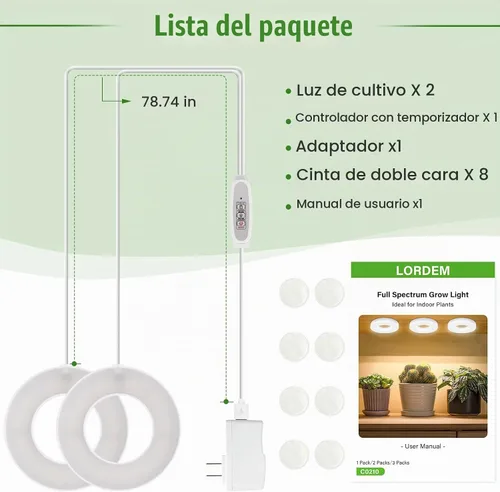 Vista 7 de LORDEM Lámpara de techo para el crecimiento de plantas, 96 LEDs, luz LED de espectro completo, lámpara de 5V con interruptor automático de 4/8/12H