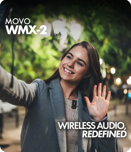 Vista 2 de Movo WMX-2 Micrófono inalámbrico para cámara con estuche de carga, micrófono Lavalier para cámaras DSLR, Vlogging, creación de contenido, cine