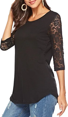 Vista 3 de Camiseta de manga de encaje 34 con cuello redondo para mujer, blusas casuales tipo túnica