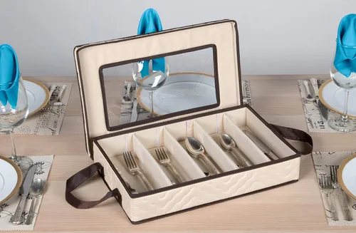 Vista 4 de Caja de almacenamiento para cubiertos - Resistente contenedor de almacenamiento para cubiertos de 5 compartimentos con tapa extraíble y asas fáciles