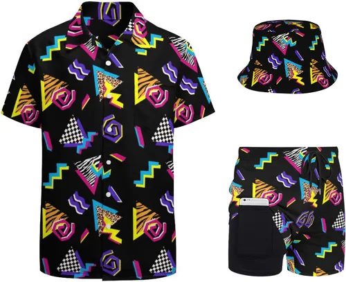 Vista 7 de Conjunto de 2 piezas retro para hombre, conjunto de chándal hawaiano de los años 80 y 90, camisas, pantalones cortos de playa y sombrero de pescador