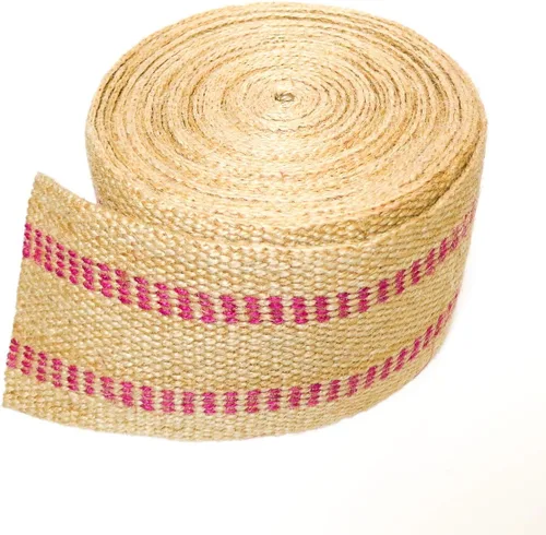 Vista 4 de Tapicería/Cinta de yute artesanal (arpillera) 3.5 pulgadas X 10 yardas, natural con rayas rojas
