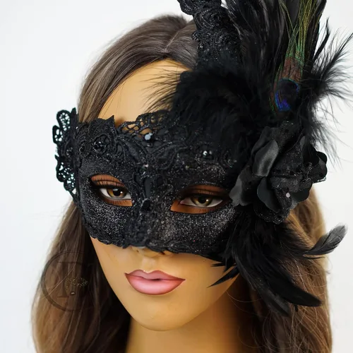 Vista 4 de Máscara de plumas burlesque, máscara de encaje de Mardi Gras para mujer, disfraz de plumas de pavo real, máscara de brocado veneciano