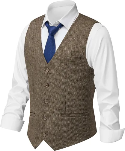 Vista 10 de MAGE MALE Chaleco de traje de tweed en espiga para hombre, chaleco vintage Marrón