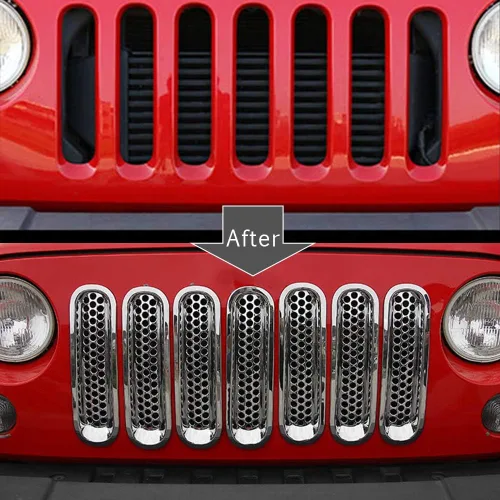 Vista 2 de Kit de 7 piezas de rejilla frontal con clip para rejilla frontal compatible con Wrangler Rubicon Sahara JK 2007-2017 (plata)