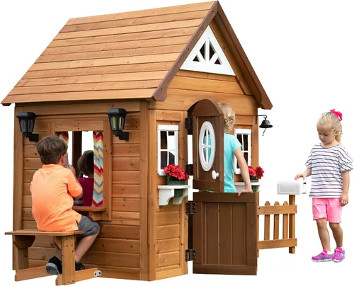 Vista 2 de Backyard Discovery Aspen - Casa de juegos de madera de cedro para niños tipo cabaña con cocina de juego, barra de aperitivos, banco de pícnic