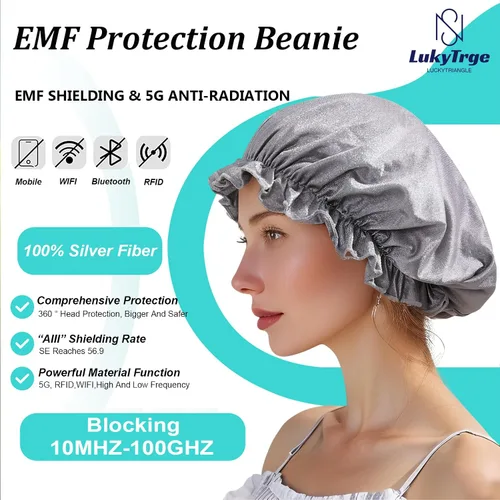 Vista 2 de Sombrero Faraday, gorro de protección EMF, gorro de tela plateada para dormir, bloquea el 99% de WiFi, Bluetooth, torres celulares, blindaje 5G