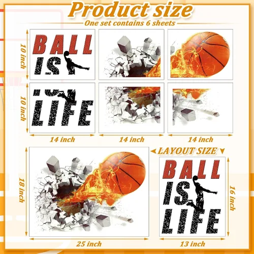 Vista 3 de Gersoniel Decoración de pared de baloncesto de 18 x 38 pulgadas, autoadhesiva, removible, 3D, calcomanías de pared de baloncesto para niños
