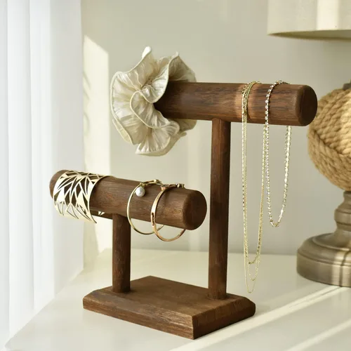Vista 7 de Ikee Design Torre de exhibición de relojes de pulsera de madera de 2 niveles, soporte de almacenamiento para collar, 7.9 pulgadas de ancho x 4.3