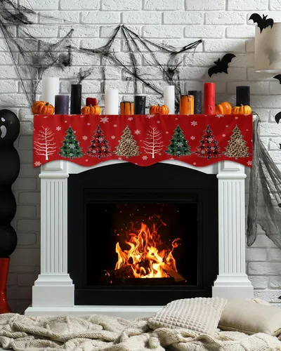 Vista 6 de Bufanda de Navidad para chimenea, diseño de árbol de Navidad, mantel de Navidad, mantel superior, bufandas con copos de nieve, cubierta de mantel