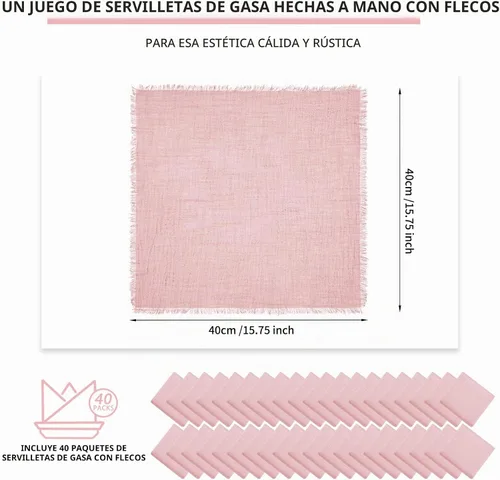 Vista 2 de Paquete de 40 servilletas de tela rosa de algodón y lino a granel de 16.5 x 16.5 pulgadas, servilletas de gasa hechas a mano con flecos, de algodón