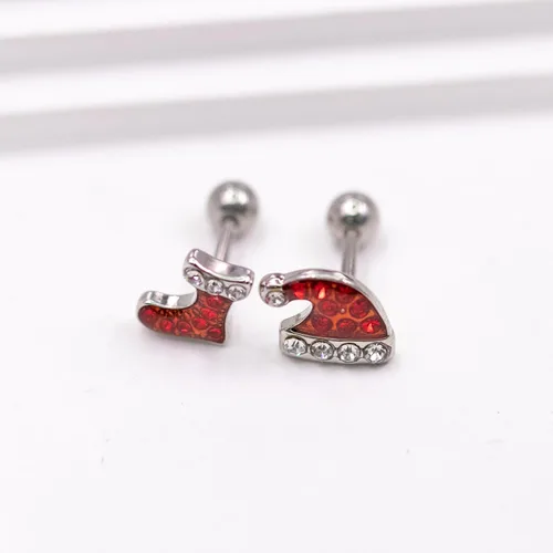 Vista 4 de VERAMI 4 aretes de cartílago de 16G 316L de acero inoxidable para árbol de Navidad, corona, sombrero de Navidad, botas, hélix, tragus, concha