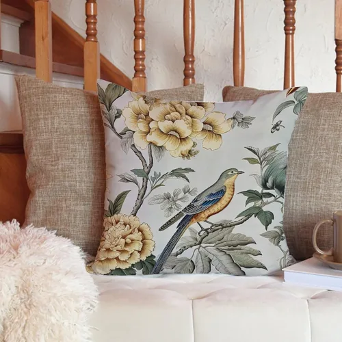 Vista 6 de ArogGeld Funda de cojín para sofá de granja con diseño de pájaro chinoiserie amarillo y gris, peonía, pavo real, decoración del hogar, funda