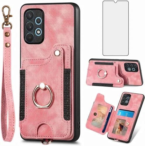 Vista 11 de Funda para teléfono Samsung Galaxy A32 5G 2021 de 6.5 pulgadas con protector de pantalla de vidrio templado, correa de muñeca, cordón