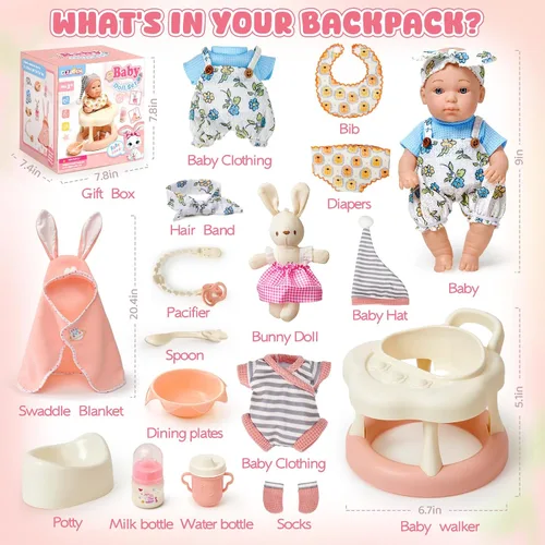 Vista 2 de Cleboen Juego de accesorios para muñecas de bebé para niñas, muñeca de bebé de 9'' con 2 juegos de ropa, andador para muñecas, silla, biberón