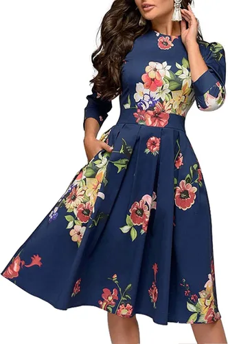 Vista 3 de Simple Flavor Vestido para mujer, elegante, manga de 34, hasta por debajo de la rodilla, de época, con estampado floral, para eventos nocturnos