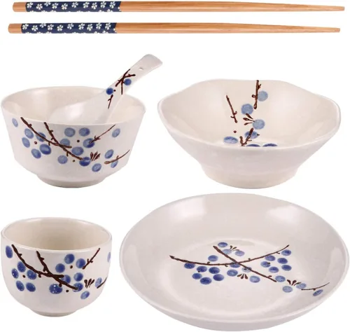 Vista 7 de Hemoton Juego de vajilla japonesa de cerámica de 6 piezas para uso doméstico individual, incluye plato, taza, plato, cuchara, palillos de 7.28