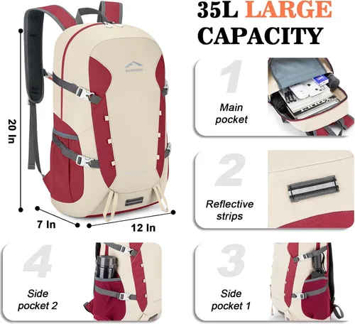 Vista 3 de BAGPARKK Mochila de senderismo, mochilas de viaje grandes de 35 litros para hombres y mujeres, resistente al agua, ultra ligera, plegable, plegable