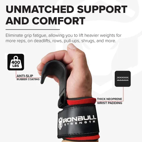 Vista 2 de Iron Bull Strength Ganchos de acero para levantamiento de pesas (par) - Correas de muñeca de levantamiento de pesas resistentes - Correas