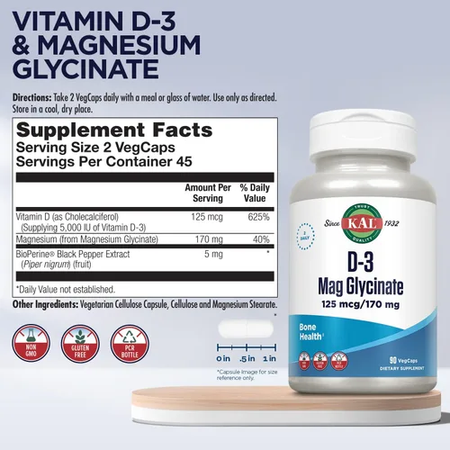 Vista 2 de KAL Vitamina D3 y glicinato de magnesio, fórmula de absorción mejorada con BioPerine, apoyo para la salud muscular y ósea, apoyo inmunológico y más