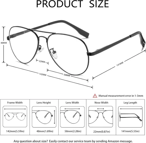 Vista 6 de BRMHDY Gafas de aviador clásicas para mujeres y hombres, marco de metal retro, lentes transparentes sin receta, 2.283 in