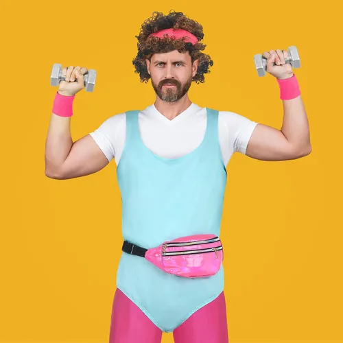 Vista 7 de Jiuguva Disfraz de entrenamiento de los años 80 para hombre, disfraz de ejercicio de los años 80, traje de fitness, riñonera, mancuernas de espuma