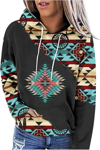 Vista 14 de Sudaderas con capucha azteca occidental para mujer, sudaderas de manga larga con gráficos vintage, camisetas de vaquera, ropa 2023