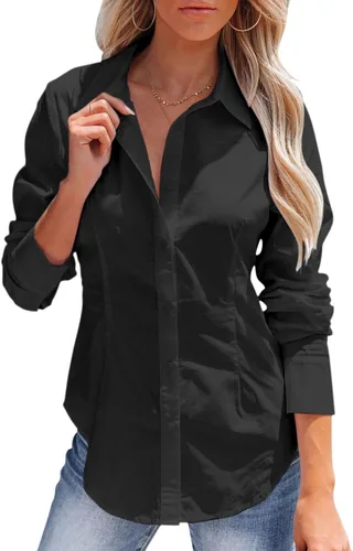 Vista 10 de Camisas con botones para mujer, camisas de vestir de manga larga, sin arrugas, cuello para el trabajo, oficina, blusas sólidas, blusas ajustadas