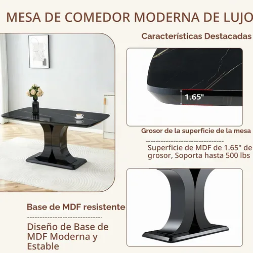 Vista 5 de Juego de mesa de comedor moderno para 4, juego de sillas de mesa de cocina de mármol sintético, mesa rectangular de MDF de 63 pulgadas, sillas Negro