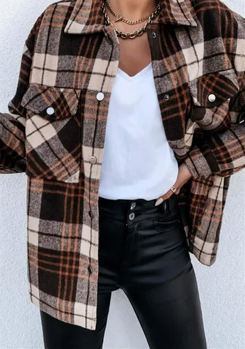 Vista 3 de Camisa de franela a cuadros para mujer, con botones, bolsillo a cuadros, casual, de manga larga Marrón