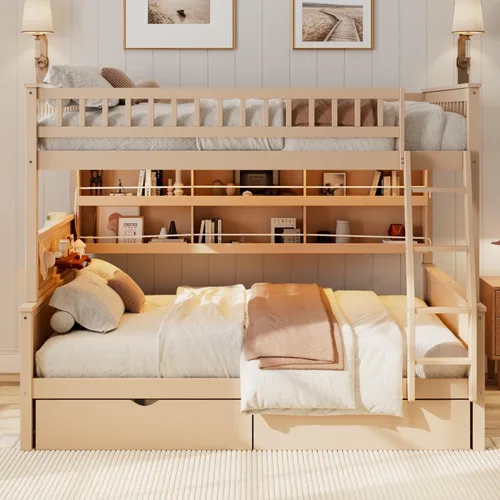 Vista 3 de SOFTSEA Full XL Over Queen Wooden Bunk Bed with Drawers and LED, Beige