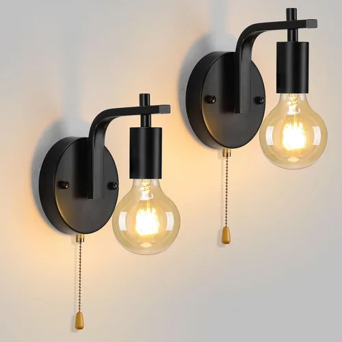 Vista 9 de Aplique de Pared Negro con Cadena de Tirar con Interruptor Luces de Pared Vintage E26 Lámpara de Pared Industrial Iluminación de Pared Retro Cadena