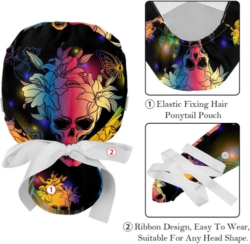 Vista 4 de 2 gorras Bouffant con botón bolsa de cola de caballo de algodón, banda para el sudor, gorra quirúrgica ajustable, diseño retro, calaveras florales
