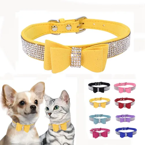 Vista 18 de Collar de perro con diamantes de imitación y lazo ajustable para mascotas, talla XXS, XS, tamaño pequeño, mediano y grande, color rosa, talla XX S