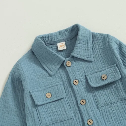 Vista 4 de Conjunto de ropa de algodón y lino de manga larga con botones y pantalones con cordón para bebé
