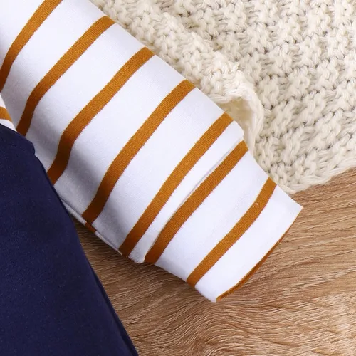 Vista 6 de Conjunto de ropa de bebé para recién nacido, para otoño e invierno, a rayas, mameluco de dibujos animados, conjunto de pantalones con tirantes