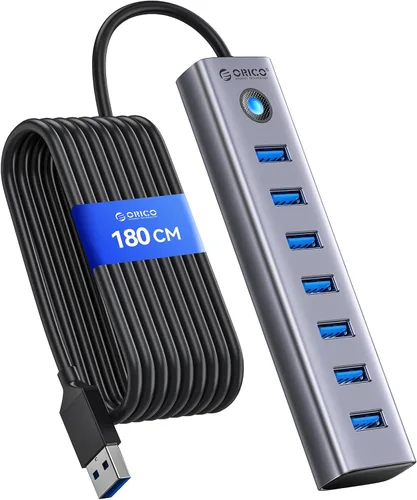 Vista 9 de ORICO Hub USB 3.0 de 7 puertos, adaptador múltiple USB de aluminio, extensor USB de 5 Gbps con cable de 1.64 pies, cable largo UBS-A Hub